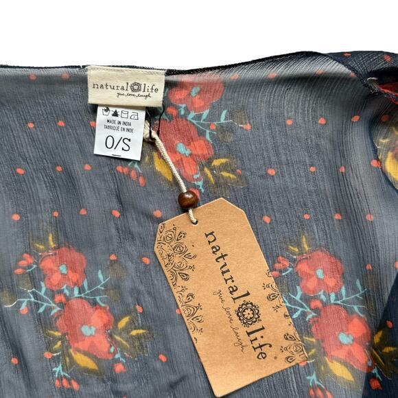 NWT Natural Life Mesh Navy Blue‎ Sheer Floral Tie Front Kimono Top Blouse O/S - Picture 3 of 6